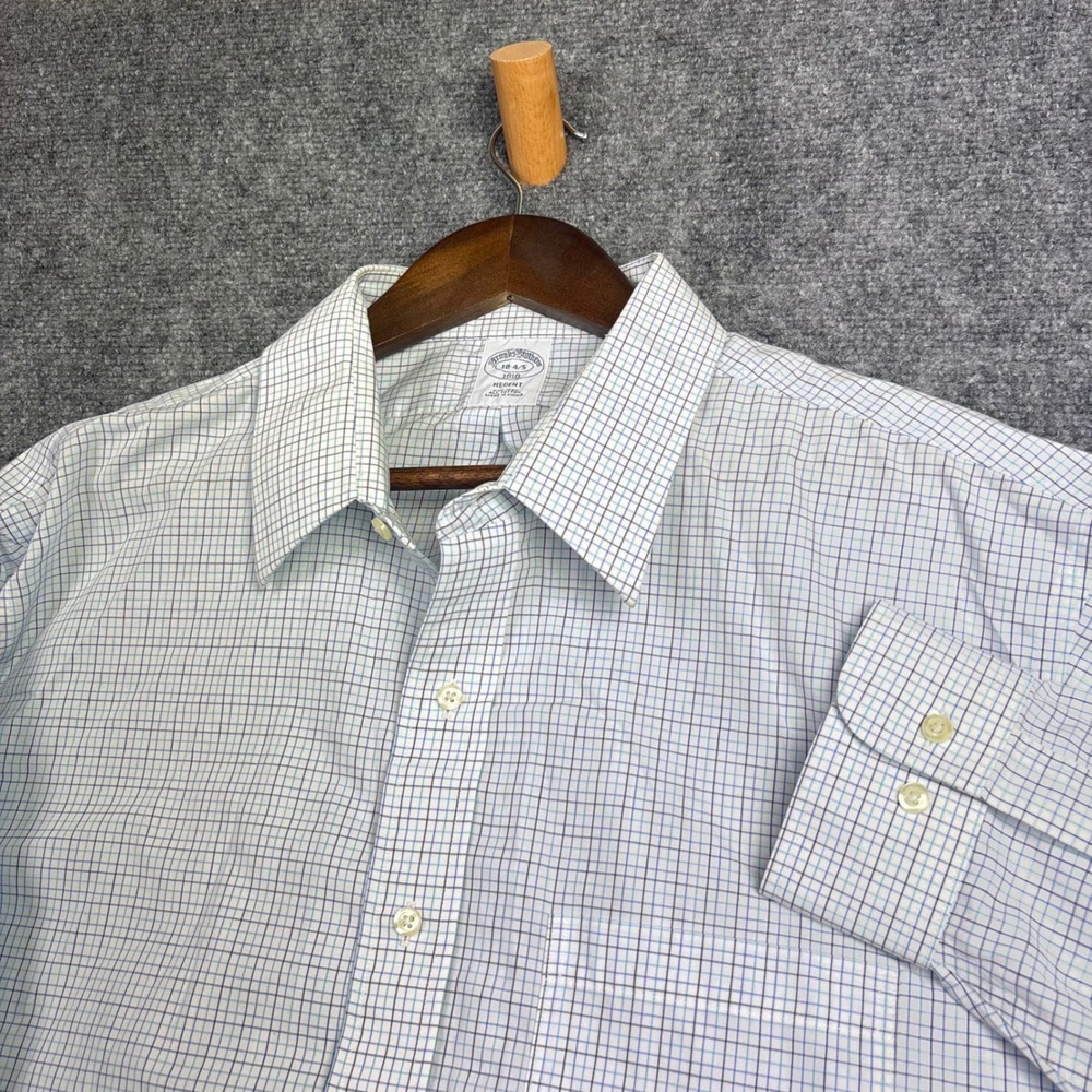 Brooks Brothers Dress Shirt Mens 18 4/5 Blue Regent Non-Iron Cotton Tattersall